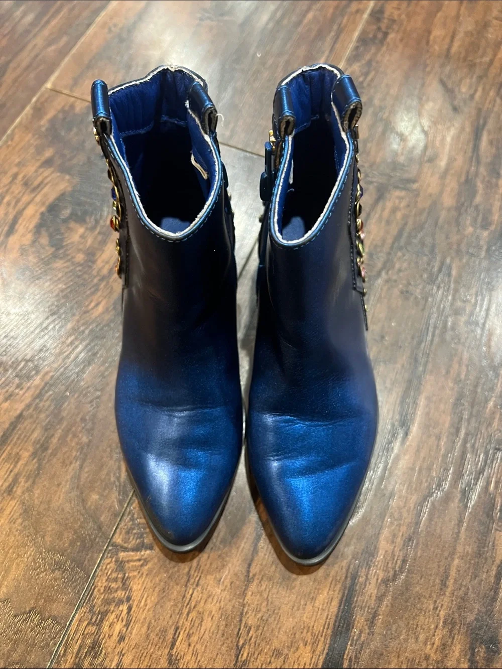 Yosi Samra Metallic Blue Studded Ankle Booties